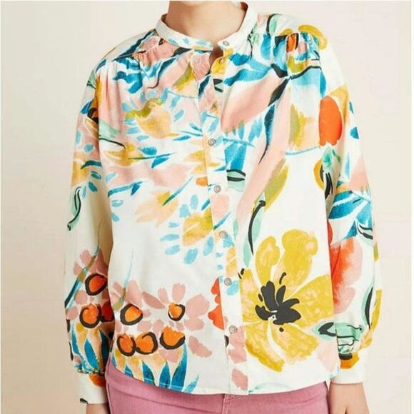 Anthropologie Floral Button Down Shirt Relaxed Fit Long Sleeve Tropical Boho S - Picture 15 of 16